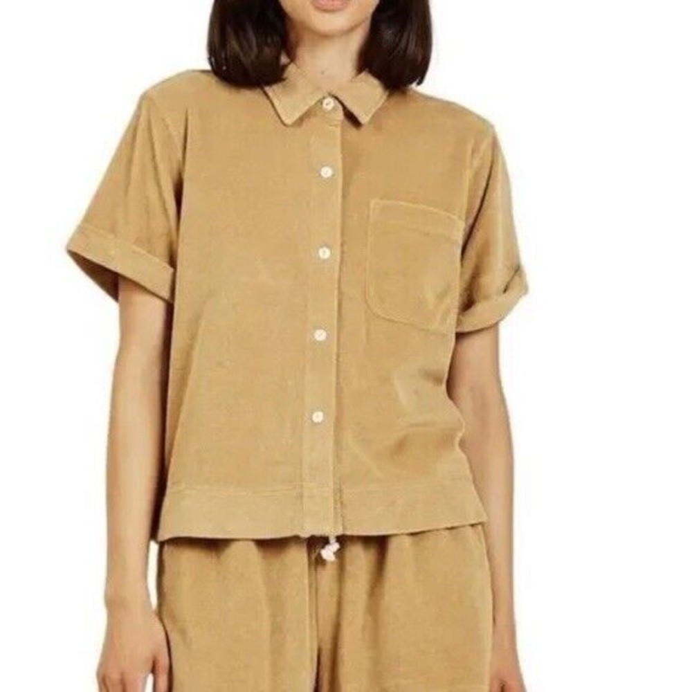 Alex Mill Womens Top Benny Shirt Golden Flax Terry Cloth Button Up Sz L Retro - Picture 9 of 9